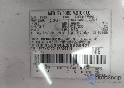 2009 Ford Ranger Sport/Xl/Xlt z USA, uszkodzony, nr VIN 1FTYR10D49PA03344